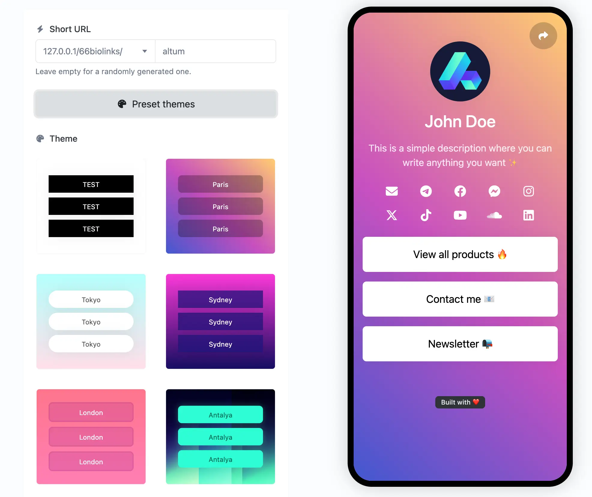 Captura de tela da página de edição do aplicativo Biolink